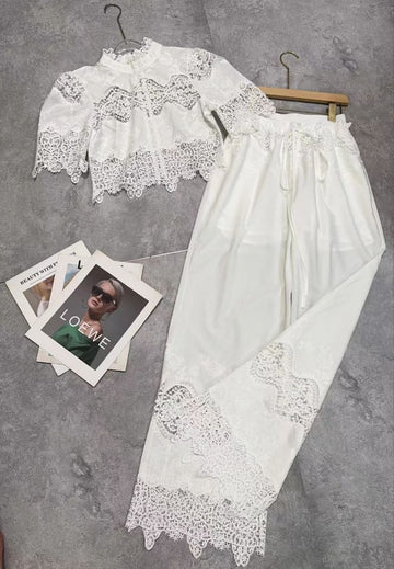 Collar Short-Sleeved Lace Top + Tight Waist Tie With Lace Spliced Wide Leg Trousers Set Woman